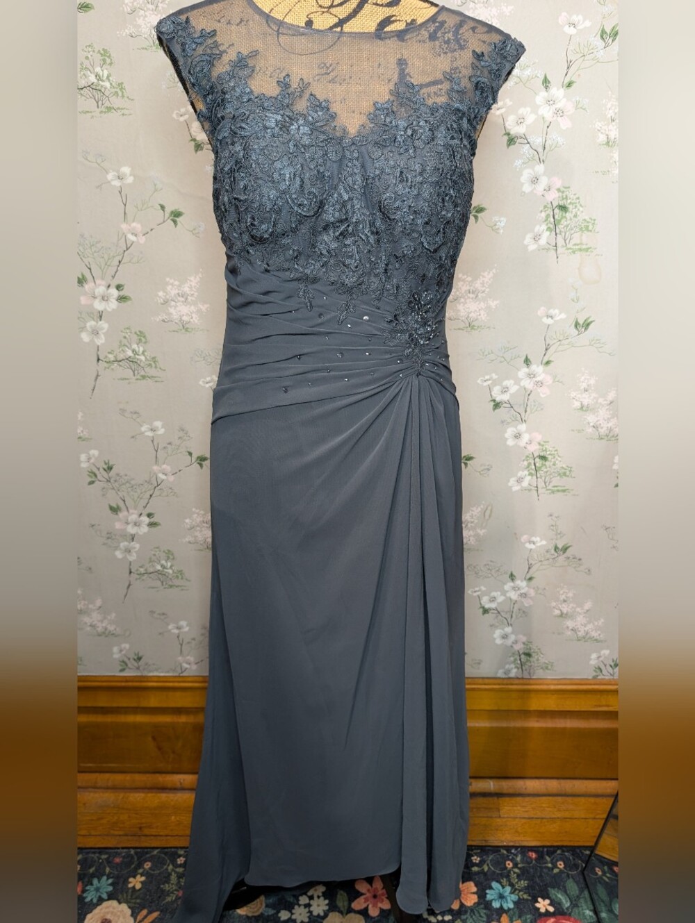 Azazie Elegant Slate Gray Lace Bodice Evening Dress
